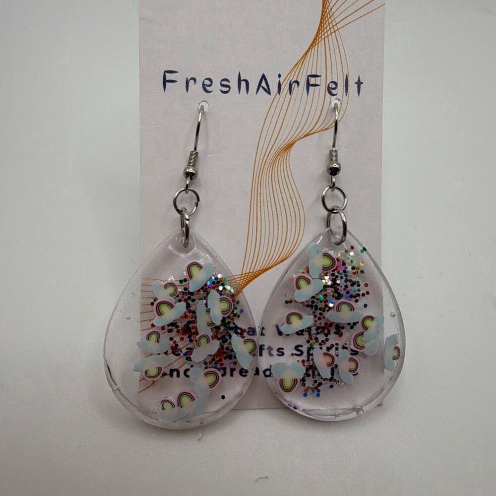 Rainbows & glitter Unique hand crafted Resin Stainless drop steel earring
